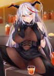  1girl aegir_(azur_lane) alcohol azur_lane bangs bare_shoulders black_gloves black_legwear blurry blush bodysuit breasts clothing_cutout commentary covered_navel depth_of_field drink eyebrows_visible_through_hair gloves hair_between_eyes highres horns irohara jewelry large_breasts long_hair looking_at_viewer multicolored_hair parted_lips redhead shoulder_cutout silver_hair sitting smile spread_legs streaked_hair thighs yellow_eyes 