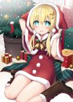  :d arm_up bangs bell blonde_hair blue_eyes blush boots box brown_footwear candy candy_cane capelet christmas_ornaments christmas_tree commentary_request dress eyebrows_visible_through_hair food fur-trimmed_boots fur-trimmed_capelet fur-trimmed_dress fur-trimmed_hood fur_trim gift gift_box green_nails hair_between_eyes hair_ornament hand_up highres hood hood_up hooded_capelet looking_at_viewer minamura_haruki multicolored_hair nail_polish red_capelet red_dress shinengumi sitting smile star_(symbol) star_hair_ornament streaked_hair suzukaze_shitora teeth thighs upper_teeth virtual_youtuber wariza white_hair 