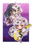  2girls bangs black_ribbon blush braid chibi clenched_hand english_commentary eyewear_on_head glasses green_eyes grey_hair grey_hoodie guitar hair_behind_ear hair_ribbon highres holding holding_microphone hood hoodie instrument looking_at_viewer microphone mika_melatika multicolored_hair multiple_girls nail_hair_ornament nijisanji nijisanji_id open_mouth red_eyes redhead ribbon roki_(vocaloid) smile streaked_hair thank_you twin_braids virtual_youtuber xia_ekavira yaku_(999ykseo) 