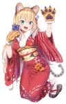  1girl :d absurdres ahoge akai_haato animal_ears animal_hands arm_up bangs black_footwear blonde_hair blue_bow blush bow chinese_zodiac eyebrows_visible_through_hair fake_animal_ears floral_print flower full_body fur-trimmed_kimono fur_trim hair_bow hair_flower hair_ornament hairband hand_up heart heart_print highres hololive japanese_clothes kimono kneeling light_blue_eyes long_hair looking_at_viewer murakami_ryouga obi paw_pose red_kimono sash simple_background sleeves_past_elbows smile solo tabi tail tiger_ears tiger_stripes tiger_tail very_long_hair white_background white_flower white_legwear wide_sleeves year_of_the_tiger zouri 