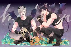  2boys battle_tendency black_hair black_nails blue_eyes boots brown_hair caesar_anthonio_zeppeli crop_top cross-laced_footwear demon_boy demon_horns demon_tail demon_wings facial_mark feather_hair_ornament feathers fingerless_gloves gloves hair_ornament headband horns indian_style jojo_no_kimyou_na_bouken joseph_joestar joseph_joestar_(young) koeri lace-up_boots midriff multiple_boys sitting skull squatting tail triangle_print wings 