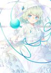  1girl alternate_costume blue_eyes blush bow bowtie closed_mouth dress green_hair hat highres komeiji_koishi looking_at_viewer medium_hair puffy_short_sleeves puffy_sleeves re_re_merry short_sleeves simple_background smile solo third_eye touhou wavy_hair white_bow white_bowtie white_dress white_headwear wristband 