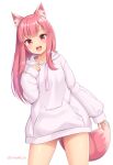  :d animal_ear_fluff animal_ears ass_visible_through_thighs bangs bottomless cowboy_shot eyebrows_visible_through_hair fox_ears fox_tail highres hood hood_down hoodie long_hair long_sleeves looking_at_viewer open_mouth original pink_fox_(sasaame) pink_hair pink_tail red_eyes sasaame simple_background smile tail twitter_username white_background 