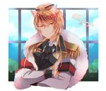  1boy animal_ear_fluff animal_ears armband ascot black_ascot black_wolves_saga blonde_hair brown_eyes bush cape cat_ears closed_mouth clouds crossed_arms epaulettes fur_cape hat mejojo_von_garibaldi military military_uniform necota116 red_armband solo symbol-only_commentary uniform white_cape window 