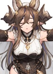  1girl animal_ears bangs bare_shoulders black_dress black_legwear blush breasts brown_hair closed_eyes detached_sleeves dress extra_ears galleon_(granblue_fantasy) granblue_fantasy highres horns koretsuki_azuma large_breasts long_hair long_sleeves open_mouth pointy_ears revision solo thigh-highs very_long_hair 