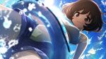  1girl akiyama_yukari blue_sky blurry blush bokeh brown_eyes brown_hair clouds depth_of_field dutch_angle from_below girls_und_panzer highres innertube lens_flare lips looking_at_viewer navel open_fly shiina_excel sky solo sports_bra wading 