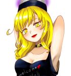  1girl armpits arms_behind_back arms_up bangs bare_shoulders black_choker black_headwear black_shirt blonde_hair blush breasts choker clothes_writing collarbone eyebrows_visible_through_hair hair_between_eyes hands_up heart heart_print hecatia_lapislazuli hecatia_lapislazuli_(moon) looking_down medium_breasts medium_hair moon_(ornament) open_mouth polos_crown red_heart shirt simple_background sleeveless sleeveless_shirt smile solo t-shirt touhou upper_body user_crva8324 white_background yellow_eyes 