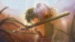  2boys black_hair blue_eyes blurry carrying closed_eyes clouds crescent_moon day depth_of_field eyelashes fangs field grey_hair hair_between_eyes highres holding holding_sword holding_weapon injury leaning_forward light_particles long_sleeves looking_at_another male_focus medium_hair messy_hair moon mouth_hold multiple_boys mushiaki_mushikera nature outdoors piggyback rainbow ro_ensei robe saiunkoku_monogatari sash sheath sheathed shi_seiran short_hair sideways_glance silver_hair sky sleeveless sword teeth_hold toned toned_male torn_clothes torn_sleeves unconscious weapon 