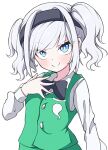  1girl alternate_hairstyle black_bow black_bowtie blue_eyes blush bow bowtie green_vest hairband hand_up konpaku_youmu looking_at_viewer retoruto silver_hair simple_background smile solo touhou twintails upper_body vest white_background 