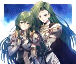  2girls annand_(fire_emblem) armor bangs black_gloves breastplate elbow_gloves erinys_(fire_emblem) fantasy fire_emblem fire_emblem:_genealogy_of_the_holy_war gloves green_eyes green_hair hair_behind_ear hand_on_own_chest hands_on_another&#039;s_shoulders headband highres kro looking_at_viewer multiple_girls open_mouth smile 