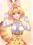  1girl absurdres animal_ears arms_up belt blush bow bowtie claw_pose elbow_gloves eyebrows_visible_through_hair gloves highres kemono_friends korean_text looking_at_viewer multicolored_bowtie multicolored_clothes multicolored_gloves neukkom orange_bow orange_bowtie orange_eyes orange_gloves orange_hair orange_skirt serval_(kemono_friends) serval_print shirt short_hair skirt sleeveless sleeveless_shirt smile solo tail translation_request white_bow white_bowtie white_gloves 
