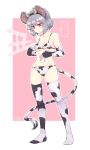  ... 1girl animal_ears animal_print bare_shoulders bikini border breasts closed_mouth collarbone cow_horns cow_print cow_tail dra elbow_gloves eyebrows_visible_through_hair fake_horns full_body gloves grey_hair hair_between_eyes highres horns kanji mouse_ears nazrin red_eyes short_hair small_breasts solo spoken_ellipsis swimsuit tail thigh-highs touhou white_bikini white_border white_gloves white_legwear 