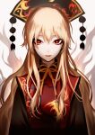  1girl bangs chinese_clothes crescent energy highres junko_(touhou) lips lipstick long_hair long_sleeves makeup mature_female orange_hair phoenix_crown raito47 red_eyes red_lips simple_background solo tabard tassel touhou tsurime white_background 