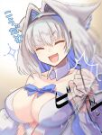  1girl animal_ears bow breasts closed_eyes cracked_screen dobrynya_nikitich_(fate) fang fate/grand_order fate_(series) fourth_wall hair_intakes large_breasts punching ripodpotato silver_hair 
