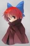  1girl bangs black_shirt blue_bow bow cape commentary_request cropped_torso eyebrows_visible_through_hair grey_background hair_bow high_collar looking_at_viewer red_cape red_eyes redhead sekibanki shirt short_hair simple_background solo suna_(s73d) touhou upper_body 