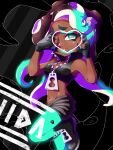  1girl booro_(169b) character_name crop_top dark-skinned_female dark_skin fingerless_gloves gloves green_eyes green_legwear heart heart_hands highres leg_up marina_(splatoon) midriff mole mole_under_mouth navel shorts splatoon_(series) splatoon_2 tentacle_hair zipper zipper_pull_tab 