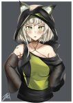  1girl absurdres animal_ears arknights breasts cat_ears cat_girl cat_tail collarbone commission eyebrows_visible_through_hair green_eyes hands_on_hips highres hood hood_up kal&#039;tsit_(arknights) long_sleeves looking_at_viewer medium_breasts parted_lips silver_hair sleeves_past_wrists solo tail upper_body zet_(twt_zet) 