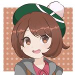  1girl brown_hair chocomiru gloria_(pokemon) green_hair grey_jacket jacket open_mouth pokemon pokemon_(game) pokemon_swsh polka_dot polka_dot_background solo upper_body 