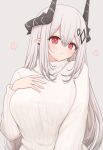  1girl alternate_costume arknights bangs blush breasts closed_mouth ear_piercing eyebrows_visible_through_hair grey_background hair_between_eyes highres horns large_breasts long_hair long_sleeves looking_at_viewer mudrock_(arknights) piercing pointy_ears red_eyes risshu sidelocks silver_hair simple_background smile solo sweater turtleneck turtleneck_sweater upper_body very_long_hair white_sweater 