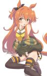  1girl animal_ears black_bow blush bow brown_legwear dog_tags dot_nose ear_bow green_jacket hair_bow highres horse_ears horse_tail jacket long_hair looking_at_viewer mayano_top_gun_(umamusume) open_mouth orange_eyes orange_hair parted_lips simple_background sincos sitting solo tail tank_top thigh-highs two_side_up umamusume white_background 
