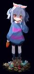  1girl absurdres bangs black_shorts blue_hair blue_ribbon blue_shirt blush boots brown_footwear carrot closed_mouth commentary_request cosplay eyebrows_visible_through_hair food frisk_(undertale) frisk_(undertale)_(cosplay) hair_ribbon highres holding holding_food holding_vegetable hololive kneehighs long_sleeves looking_at_viewer medium_hair red_eyes ribbon sans shirt short_hair shorts sleeves_past_wrists smile solo striped striped_shirt thick_eyebrows two_side_up undertale usada_pekora utacha vegetable virtual_youtuber 