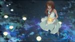  1girl artist_request brown_hair character_request closed_eyes copyright_request dress highres lake lantern night solo source_request sundress 