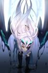  1girl bangs bare_shoulders black_panties body_markings breasts brown_eyes dragon_wings echo_(circa) fairy_knight_lancelot_(fate) fate/grand_order fate_(series) leaning_forward long_hair panties sidelocks small_breasts solo tail underwear white_hair wings 