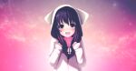  1girl animal_hood artist_request black_hair cat_hood character_request copyright_request hood medium_hair pink_sky solo source_request sunset sweater white_sweater 