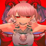  1girl bangs earrings hands_up highres horizontal_pupils horns jewelry koito_(bowstringsmall) looking_at_viewer pointy_ears red_background red_eyes sharp_teeth short_hair silver_hair simple_background solo swept_bangs teeth touhou toutetsu_yuuma upper_body 