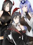  3girls asymmetrical_clothes azur_lane bare_shoulders black_choker black_coat black_dress black_hair black_legwear breasts choker coat dress elbow_gloves friedrich_der_grosse_(azur_lane) gloves hair_between_eyes hair_over_one_eye hazunanoni headgear highres horns large_breasts long_hair mechanical_horns microdress multicolored_hair multiple_girls new_jersey_(azur_lane) purple_hair red_gloves red_horns see-through_dress short_hair simple_background single_bare_shoulder thigh-highs two-tone_hair ulrich_von_hutten_(azur_lane) violet_eyes white_gloves white_hair yellow_eyes 