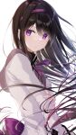  1girl akemi_homura black_hair capelet hairband highres long_hair magia_record:_mahou_shoujo_madoka_magica_gaiden magical_girl mahou_shoujo_madoka_magica meen_(ouaughikepdvrsf) simple_background solo violet_eyes white_background 