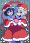  2girls :d arm_around_shoulder bangs black_hair blue_eyes blue_skin capelet christmas closed_mouth colored_skin commentary cowboy_shot dress english_text fur-trimmed_capelet fur_trim hat hat_bell highres holly konno_junko light_blush long_hair looking_at_viewer merry_christmas mizuno_ai multiple_girls open_mouth own_hands_together patchwork_skin pink_mittens red_capelet red_eyes red_headwear santa_dress santa_hat short_dress short_hair side-by-side silver_hair smile somasoutaro standing star_(symbol) stitched_face striped striped_background vertical_stripes violet_eyes zombie zombie_land_saga 