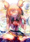  1girl abstract_background bangs bare_shoulders blurry bracelet brown_hair chromatic_aberration closed_eyes cowboy_shot depth_of_field earmuffs hands_up highres itsumizu jewelry medium_hair pointy_hair smile solo touhou toyosatomimi_no_miko 