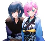  2girls :d animal_print bangs black_hair blue_eyes brown_eyes chinese_zodiac commentary_request eyebrows_visible_through_hair fur_collar highres japanese_clothes kimono looking_at_viewer multiple_girls nijisanji obi open_clothes parted_lips pink_hair ponytail print_kimono purple_kimono sash simple_background smile tiger_print upper_body virtual_youtuber white_background white_kimono yamagami_karuta year_of_the_tiger yuki_maccha_(yukimattya10) yuuhi_riri 