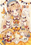  2022 3girls :o :t absurdres animal_ears apron bell black_choker blonde_hair blue_bow blue_skirt blush bow brown_eyes brown_hair center_frills checkered_background chibi chinese_zodiac choker closed_eyes closed_mouth collared_shirt commentary_request egasumi fang flower frilled_apron frilled_skirt frills gloves hair_bow hair_flower hair_ornament head_tilt highres jingle_bell long_hair mouth_hold multicolored_hair multiple_girls open_mouth orange_skirt original parted_lips pennant pink_flower pleated_skirt red_flower red_skirt sakura_oriko shirt skirt sleeping streaked_hair string_of_flags striped_tail tail tiger_ears tiger_girl tiger_tail translation_request twintails very_long_hair waist_apron white_apron white_flower white_gloves white_shirt year_of_the_tiger 