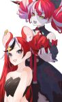  2girls alternate_hairstyle animal_ear_fluff animal_ears azusa_(azunyan12) bare_shoulders black_bow black_dress black_tube_top blue_eyes bow choker colored_skin double_bun dress fang grey_skin hair_bow hair_bun hairdressing hakos_baelz heart heart_choker highres hololive hololive_english hololive_indonesia kureiji_ollie long_hair mouse_ears mouse_girl mousetrap multicolored_eyes multicolored_hair multiple_girls red_bow red_eyes redhead skin_fang stitched_arm stitched_face stitched_torso stitches strapless sword sword_in_head symbol-shaped_pupils torn_clothes tube_top very_long_hair weapon white_hair yellow_eyes zombie 