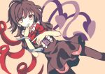  1girl :o asymmetrical_wings bangs black_dress black_hair black_legwear blue_wings bow bowtie brown_background buttons center_frills covered_mouth dise dress eyebrows_visible_through_hair finger_to_mouth frilled_dress frills houjuu_nue red_bow red_bowtie red_eyes red_wings short_dress short_hair short_sleeves simple_background snake solo thigh-highs touhou wings 