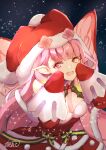  1girl atoatto bangs dress eyebrows_visible_through_hair fairy_wings fire_emblem fire_emblem_heroes fur_trim hat long_hair looking_at_viewer mirabilis_(fire_emblem) official_alternate_costume open_mouth pink_eyes pink_hair pointy_ears red_dress red_headwear ribbon santa_hat signature sky sleeves_past_fingers sleeves_past_wrists solo star_(sky) starry_sky upper_body very_long_hair wings 
