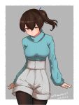  1girl absurdres alternate_costume black_legwear blue_ribbon blue_sweater blush breasts brown_eyes brown_hair casual character_name dated eyebrows_visible_through_hair grey_pants hair_between_eyes hair_ribbon highres kaga_(kancolle) kantai_collection large_breasts long_hair looking_at_viewer pants pantyhose ribbed_sweater ribbon side_ponytail simple_background solo sweater turtleneck turtleneck_sweater twitter_username umibudou 