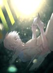 1boy backlighting bangs blurry blurry_background book closed_eyes from_side highres holding holding_book kaneki_ken kyuuba_melo light long_sleeves male_focus open_book pants scar scar_across_eye scar_on_arm shirt short_hair solo tokyo_ghoul white_hair white_shirt 