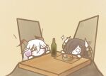  2girls :3 aegir_(azur_lane) august_von_parseval_(azur_lane) azur_lane black_hair bottle bowl chibi closed_eyes curled_horns demon_horns diamond_(shape) food hair_between_eyes hair_over_one_eye horns kotatsu koti long_hair mechanical_horns multicolored_hair multiple_girls noodles ramen redhead sitting streaked_hair table two-tone_hair white_hair 