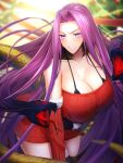  1girl absurdly_long_hair angry breasts christmas curvy fate/grand_order fate_(series) gorgon_(fate) highres huge_breasts large_breasts long_hair medusa_(fate) minami_koyogi purple_hair red_sweater snake sweater thigh-highs thighs very_long_hair 