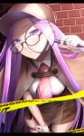  1girl bangs breasts brown_capelet capelet deerstalker detective fate/stay_night fate_(series) forehead glasses hat highres large_breasts long_hair looking_at_viewer magnifying_glass medusa_(fate) medusa_(rider)_(fate) minami_koyogi parted_bangs purple_hair sidelocks solo very_long_hair violet_eyes 