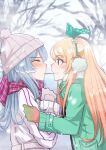  2girls aaaaaaaaaaaaa_(b1gpp3n3rgy) bangs beanie blonde_hair blue_hair blush brown_eyes closed_eyes earmuffs elira_pendora english_commentary food from_side gloves green_hairband green_jacket green_ribbon grey_gloves grey_headwear grey_overalls hair_ribbon hairband hat highres jacket long_hair multiple_girls nijisanji nijisanji_en overalls pocky pocky_kiss pomu_rainpuff ribbon smile sweatdrop sweater virtual_youtuber white_sweater yuri 