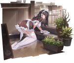  1girl azur_lane breasts brown_hair choukai_(azur_lane) choukai_(tidy_store_tidy_mind)_(azur_lane) from_behind garter_straps hair_ornament highres indoors kishiyo kneeling large_breasts long_hair looking_at_viewer looking_back maid maid_cafe maid_headdress official_alternate_costume official_art plant thigh-highs transparent_background white_legwear yellow_eyes 