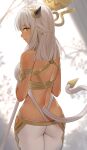  1girl animal_ears ash_(fire_emblem) ass back backless_dress backless_outfit bare_shoulders black_horns breasts brown_eyes closed_mouth commentary_request cow_ears cow_girl cow_horns cow_tail dark-skinned_female dark_skin dress ear_piercing eyebrows_visible_through_hair fire_emblem fire_emblem_heroes from_behind haru_(nakajou-28) highres holding holding_staff holding_weapon horns large_breasts long_hair looking_at_viewer looking_back pants piercing smile solo staff tail weapon white_dress white_hair white_pants 