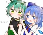  2girls ? antennae aqua_hair bad_id bad_twitter_id blue_bow blue_eyes blue_hair blush bow butterfly_wings cirno collared_shirt commission detached_wings dress eternity_larva eyebrows_visible_through_hair fairy green_dress hair_between_eyes hair_bow ice ice_wings itigotuki leaf leaf_on_head multicolored_clothes multicolored_dress multiple_girls open_mouth shirt short_hair short_sleeves simple_background single_strap third-party_source touhou twitter_username upper_body white_background white_shirt wings yellow_eyes 