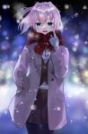  1girl absurdres black_legwear black_skirt black_vest blue_eyes brown_coat coat commentary_request cowboy_shot gloves highres kantai_collection pantyhose pink_hair ponytail red_scarf scarf school_uniform shiranui_(kancolle) short_hair skirt snow solo standing u_yuz_xx vest white_gloves 