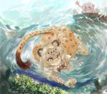 2girls animal_ears animal_print boat commentary_request diving jaguar_(kemono_friends) kemono_friends konabetate leopard_print looking_at_another multiple_girls reaching_out skirt slit_pupils small-clawed_otter_(kemono_friends) tail tsurime underwater watercraft waving 
