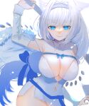  1girl absurdres animal_ears armored_boots bangs blue_bow blue_eyes blue_ribbon blush boots bow breasts brown_legwear buttons cape capelet cat_ears cat_girl cat_tail crop_top crop_top_overhang dobrynya_nikitich_(fate) dress fate/grand_order fate_(series) fur-trimmed_capelet fur-trimmed_headwear fur_trim gauntlets grey_dress hair_bow highres knee_boots large_breasts long_hair long_sleeves looking_at_viewer low_ponytail mace medium_breasts pantyhose ribbon short_dress smile solo tail thighs tsumu weapon white_cape white_capelet white_hair white_headwear 